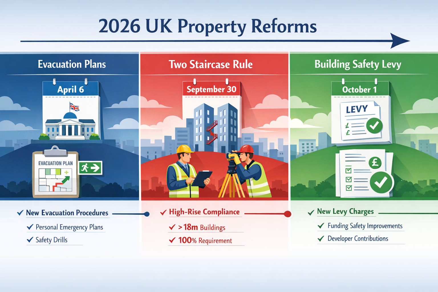 Detailed landscape format (1536x1024) illustration showing timeline infographic for 2026 UK property reforms with three key milestone dates