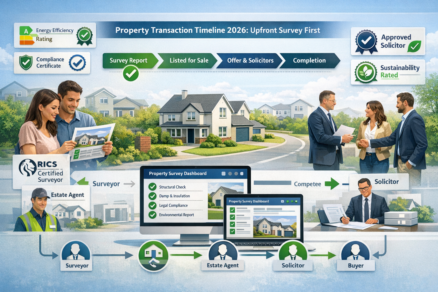 Detailed landscape format (1536x1024) conceptual illustration depicting future of property surveying in 2026 with upfront survey requirement