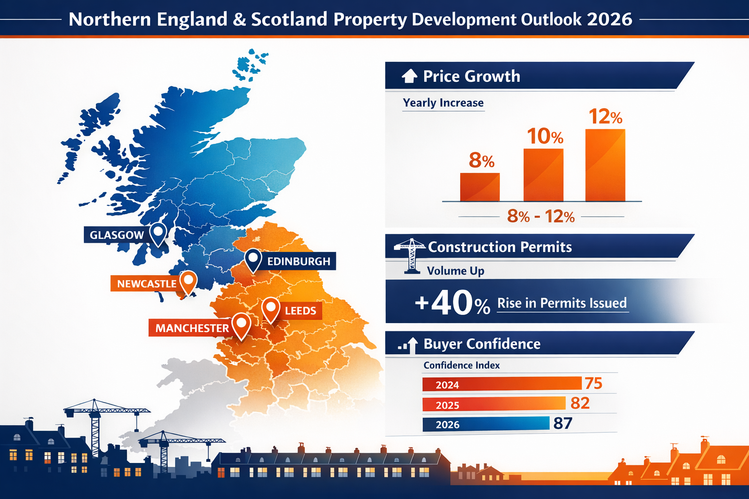 () detailed infographic showing Northern England and Scotland regional property development statistics for 2026, featuring