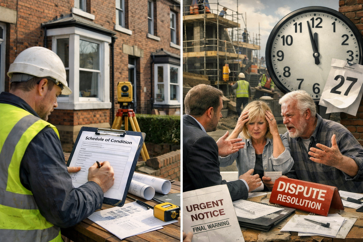 () split-screen composition showing contrasting scenarios: left side displays organized party wall agreement process with