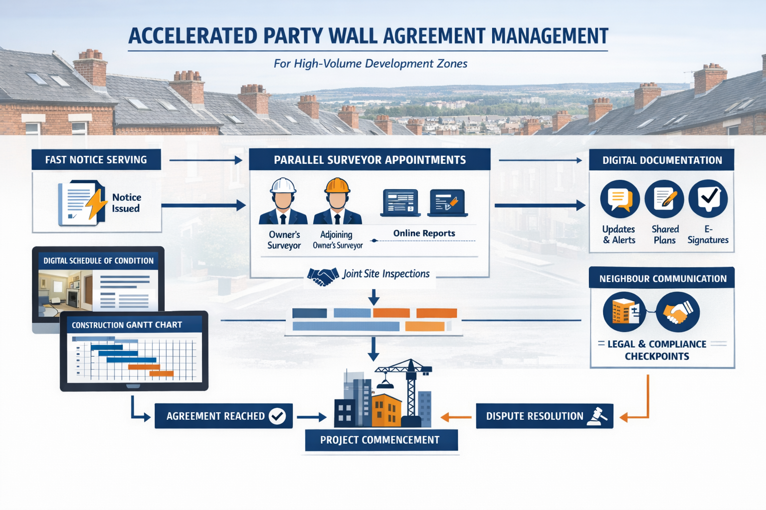 () detailed workflow diagram illustrating accelerated party wall agreement management system for high-volume development