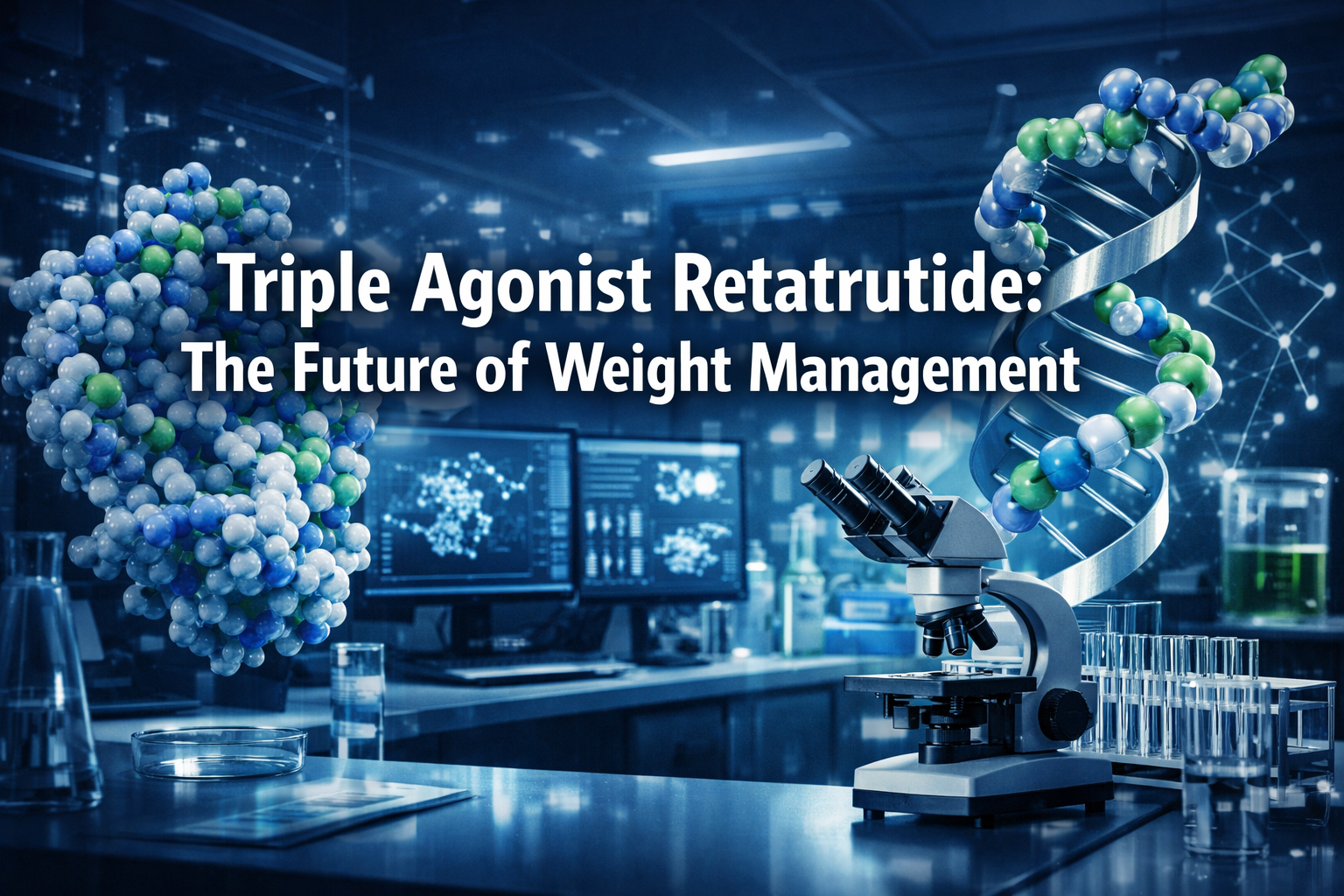 Professional landscape format (1536x1024) hero image with bold text overlay: 'Triple Agonist Retatrutide: The Future of Weight Management' i