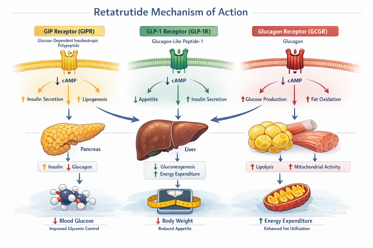 Detailed landscape format (1536x1024) scientific illustration showing triple agonist retatrutide molecular mechanism with three distinct rec
