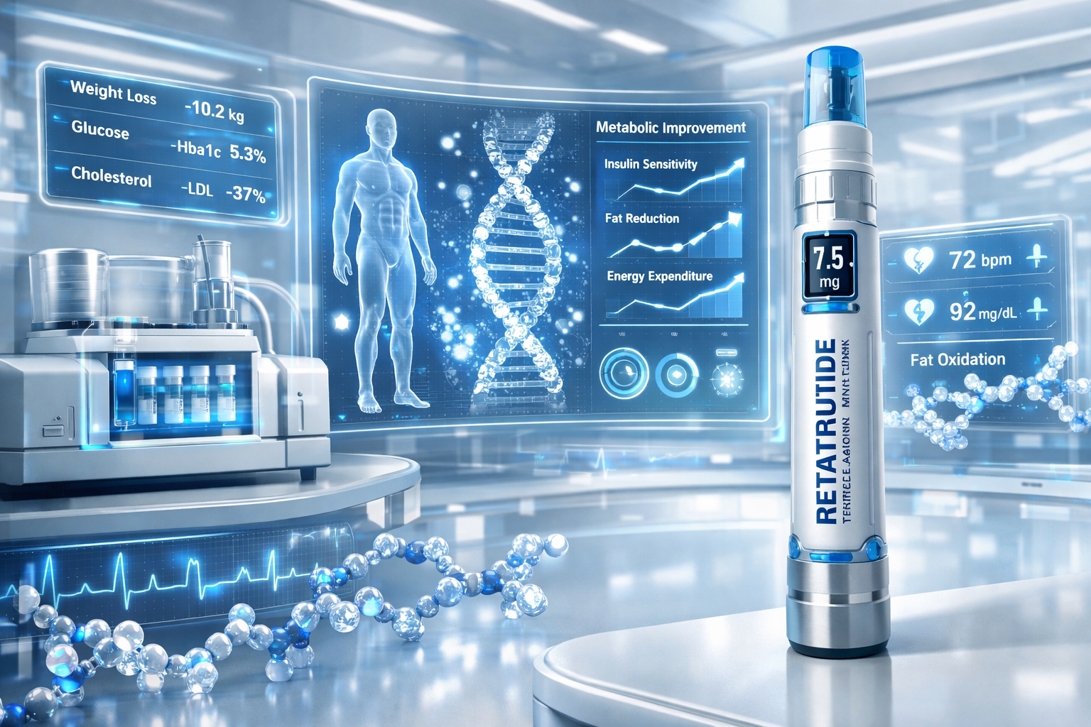 Futuristic medical concept image showing triple agonist retatrutide injection pen with digital health monitoring interface, biometric data s
