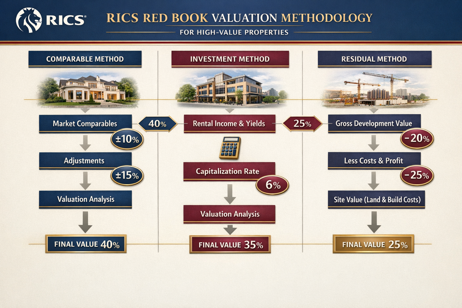 () detailed infographic showing RICS Red Book valuation methodology flowchart for high-value properties, featuring three