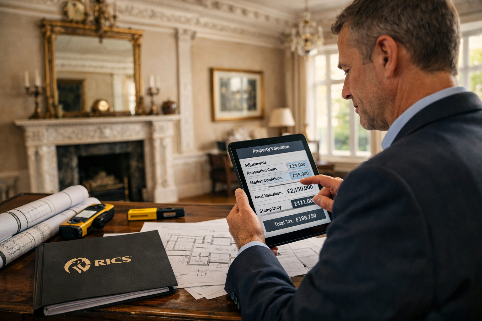 () detailed scene showing professional RICS chartered surveyor conducting interior inspection of luxury £2M+ property,