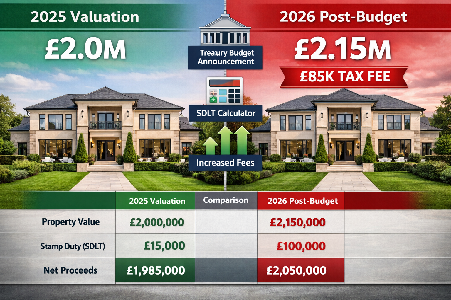 () split-screen comparison visualization showing two identical luxury property facades side by side, left labeled '2025