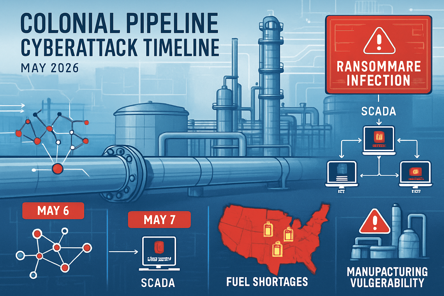 Detailed infographic showing the Colonial Pipeline cyberattack timeline from May 2025, featuring industrial pipeline infrastructure with dig