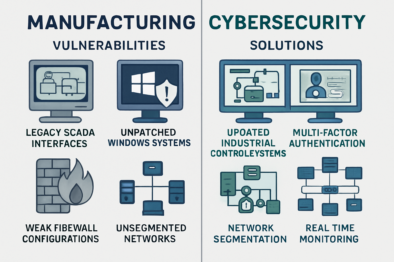 Split-screen comparison infographic showing manufacturing cybersecurity vulnerabilities versus solutions. Left side displays outdated system