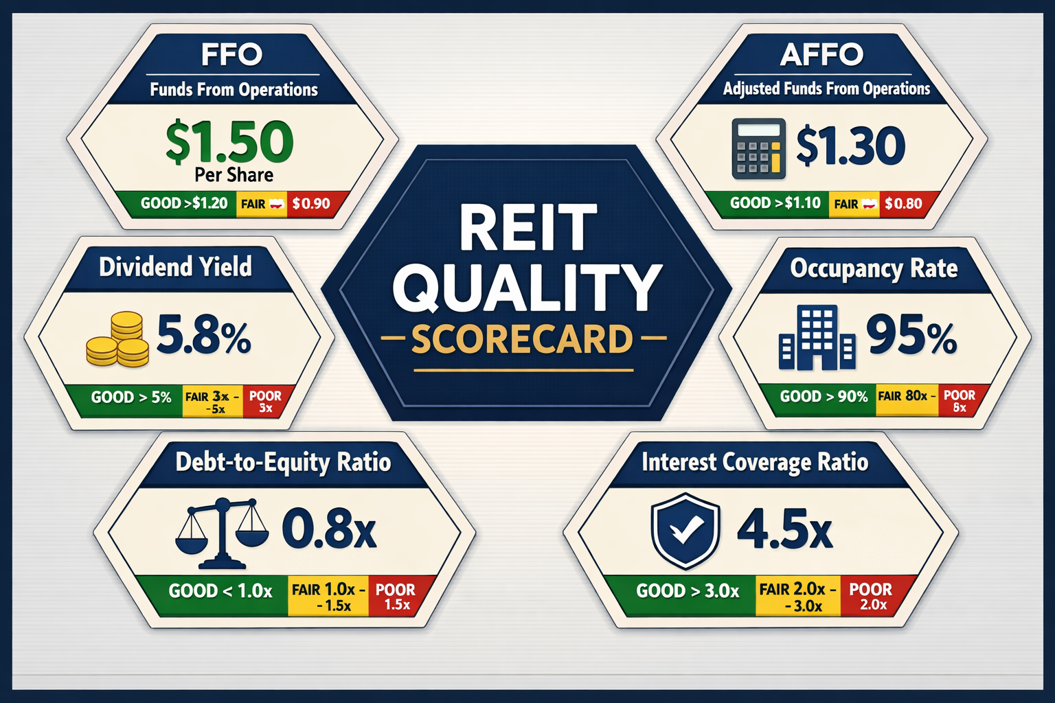 Detailed infographic illustration (1536x1024) showing six key REIT evaluation metrics in hexagonal layout: FFO (Funds From Operations) with 