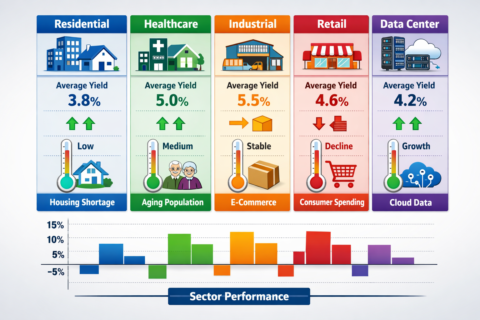 Comparative sector analysis visualization (1536x1024) displaying five REIT categories as vertical columns: Residential (apartment building i