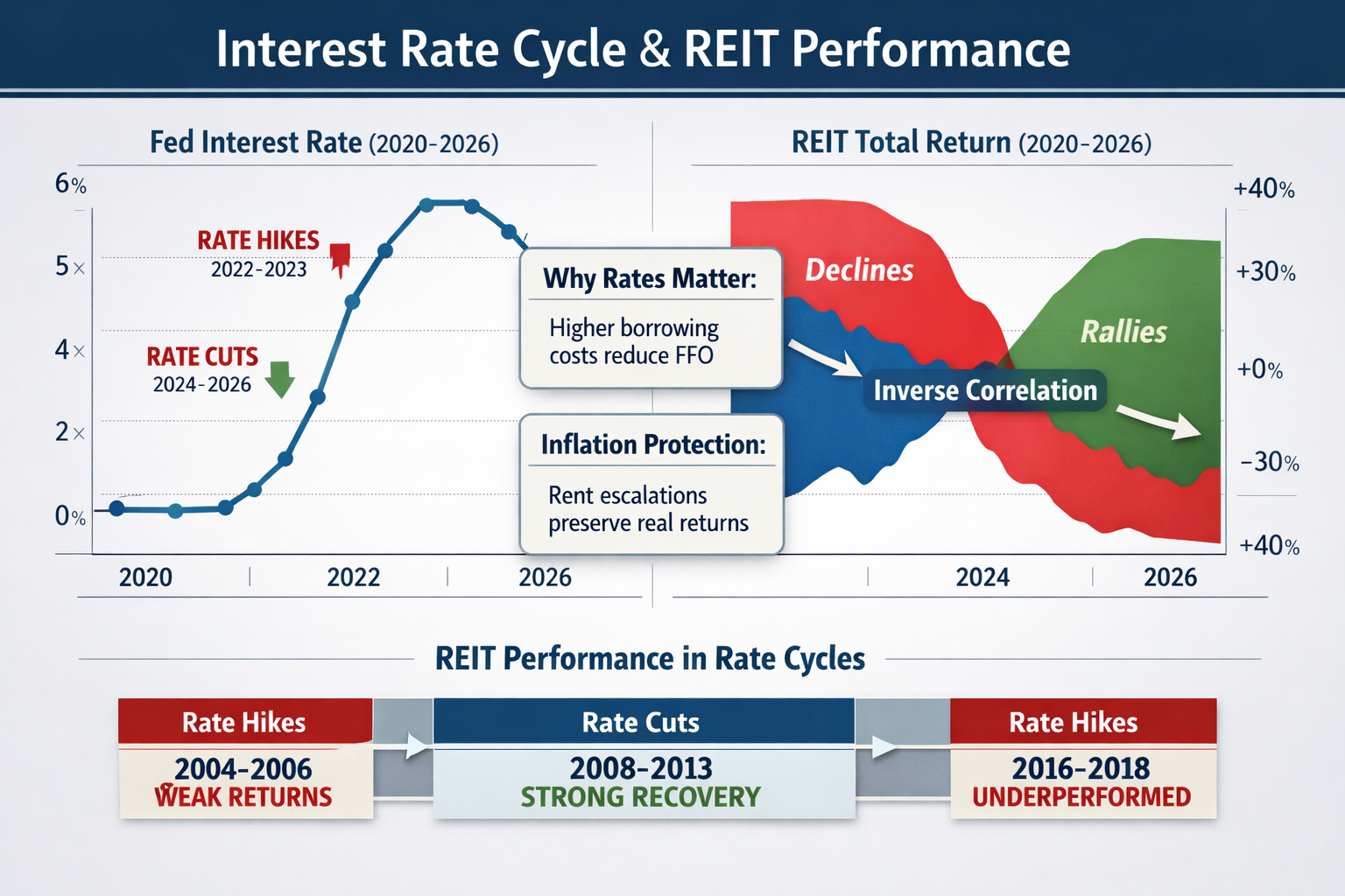 Educational diagram (1536x1024) illustrating interest rate cycle impact on REIT performance with dual-axis chart. Left side shows Federal Re