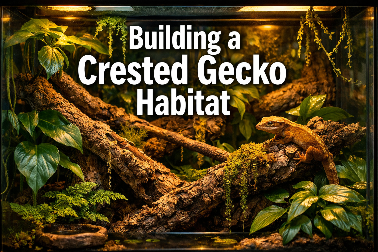 Professional landscape format (1536x1024) hero image featuring bold text overlay 'Building a Crested Gecko Habitat' in extra large 72pt whit