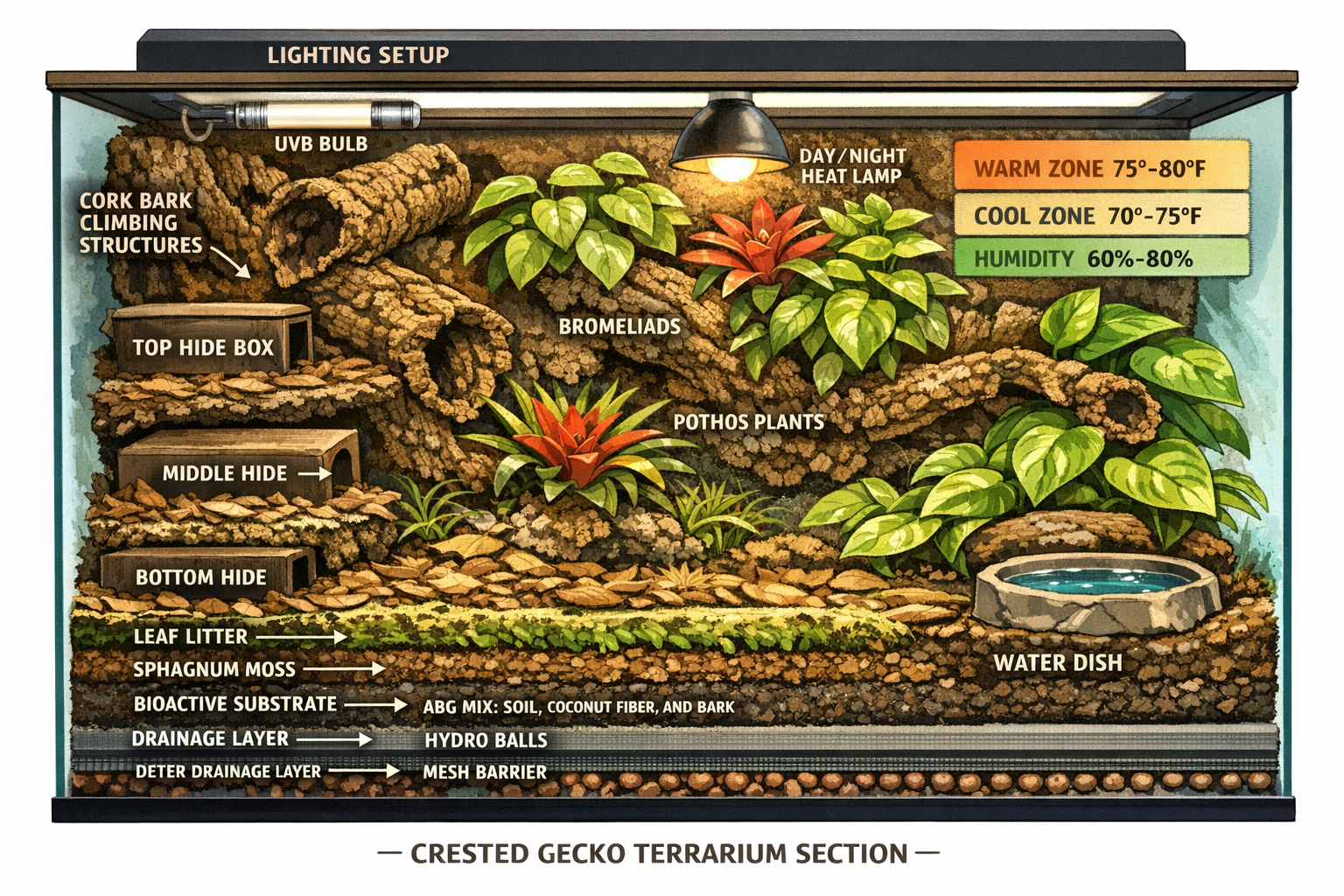 Comprehensive landscape format (1536x1024) terrarium cross-section displaying complete environmental setup including substrate layers, live