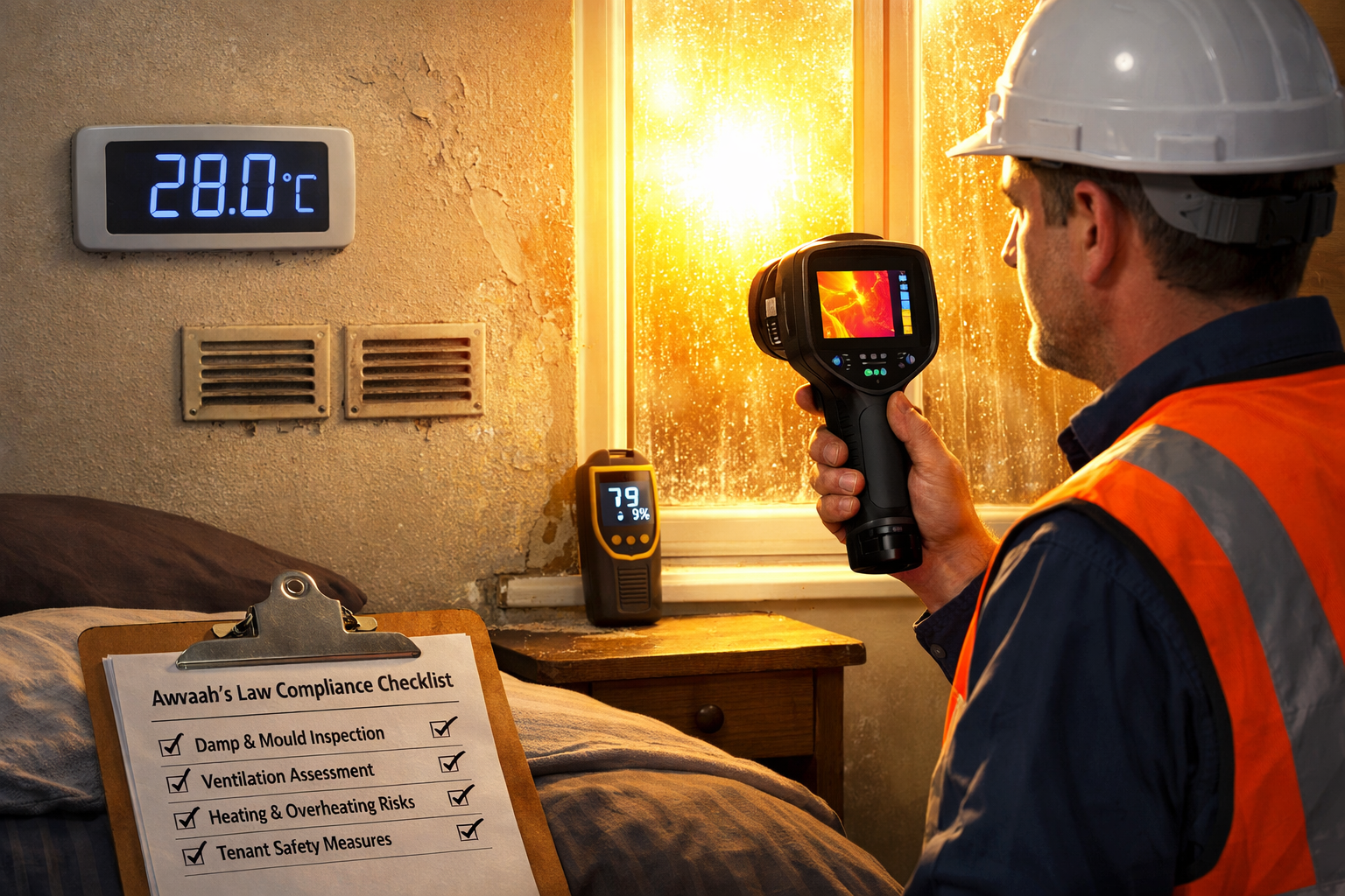 Detailed () editorial image showing professional building surveyor conducting Level 3 survey in private rental property