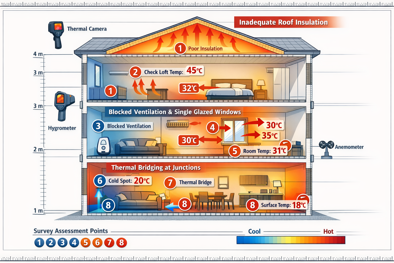 Detailed () technical infographic illustration showing cross-section cutaway view of multi-story PRS building with three