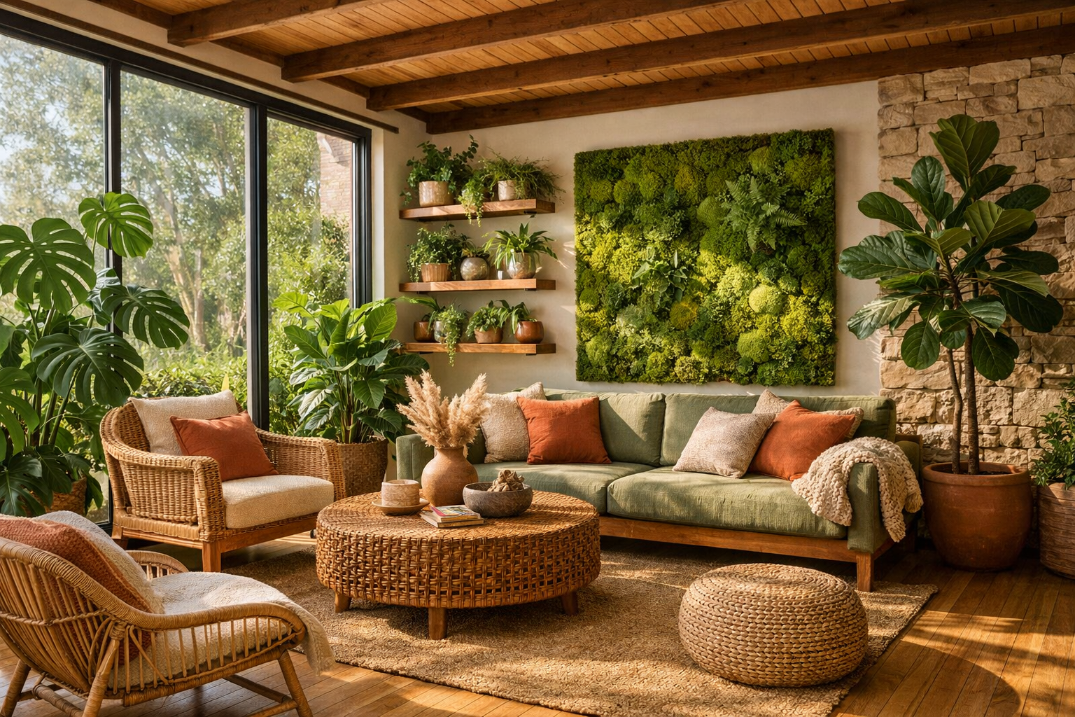 Detailed landscape format (1536x1024) image showing modern biophilic interior design with large floor-to-ceiling windows, abundant indoor pl