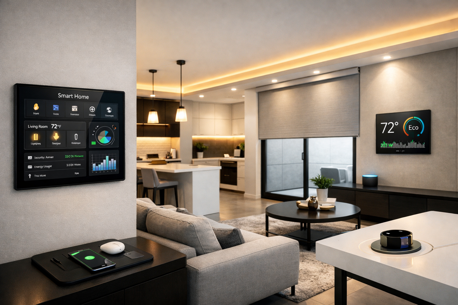 Comprehensive landscape format (1536x1024) image displaying smart home technology integration throughout a contemporary open-concept living