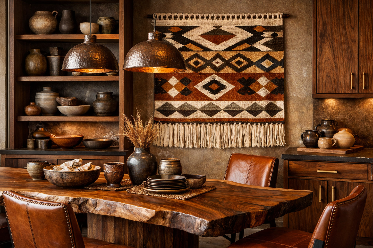 Striking landscape format (1536x1024) image showcasing artisan craftsmanship and handmade elements in modern home design. Features custom ha