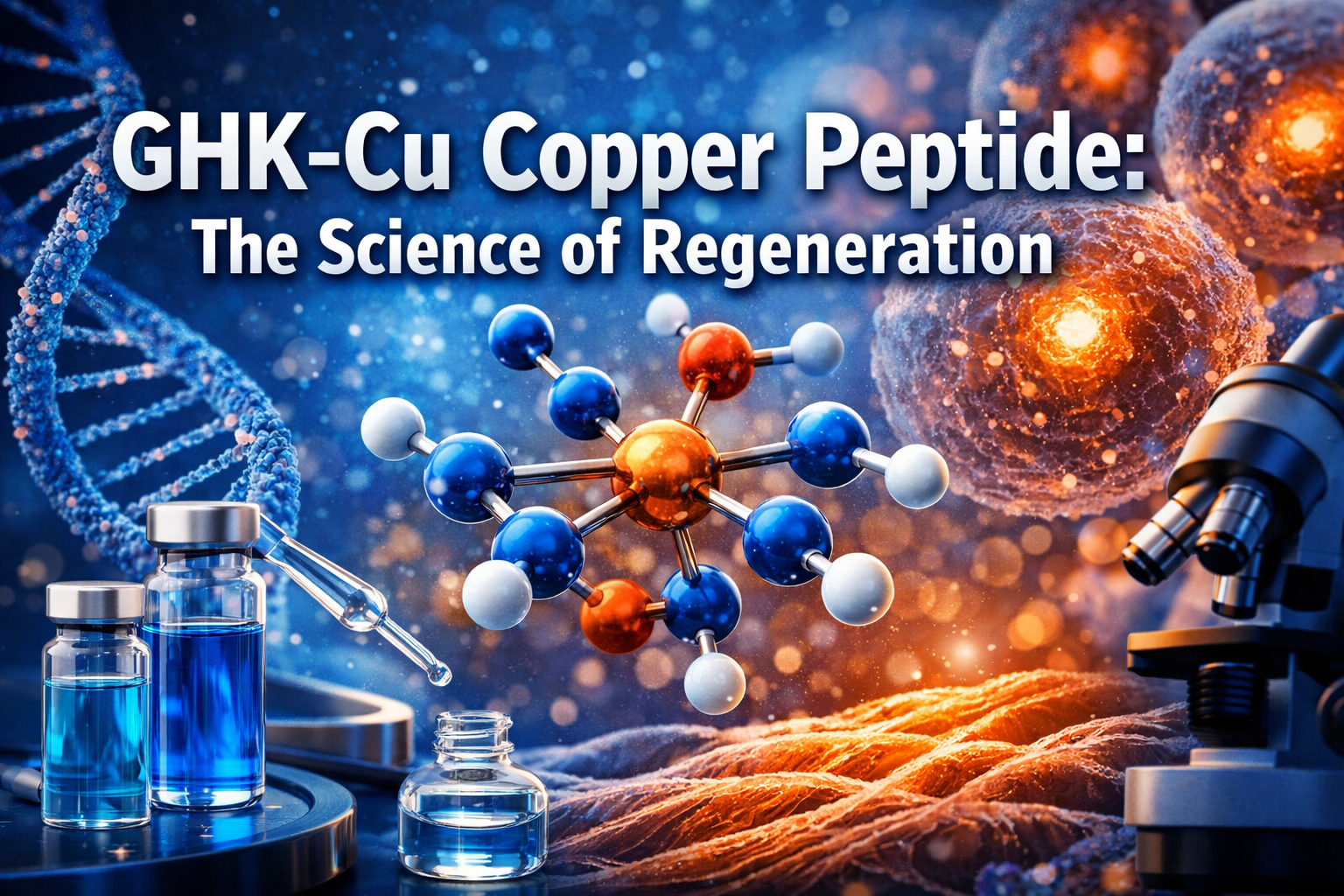 Professional landscape hero image (1536x1024) featuring bold text overlay 'GHK-Cu Copper Peptide: The Science of Regeneration' in extra larg