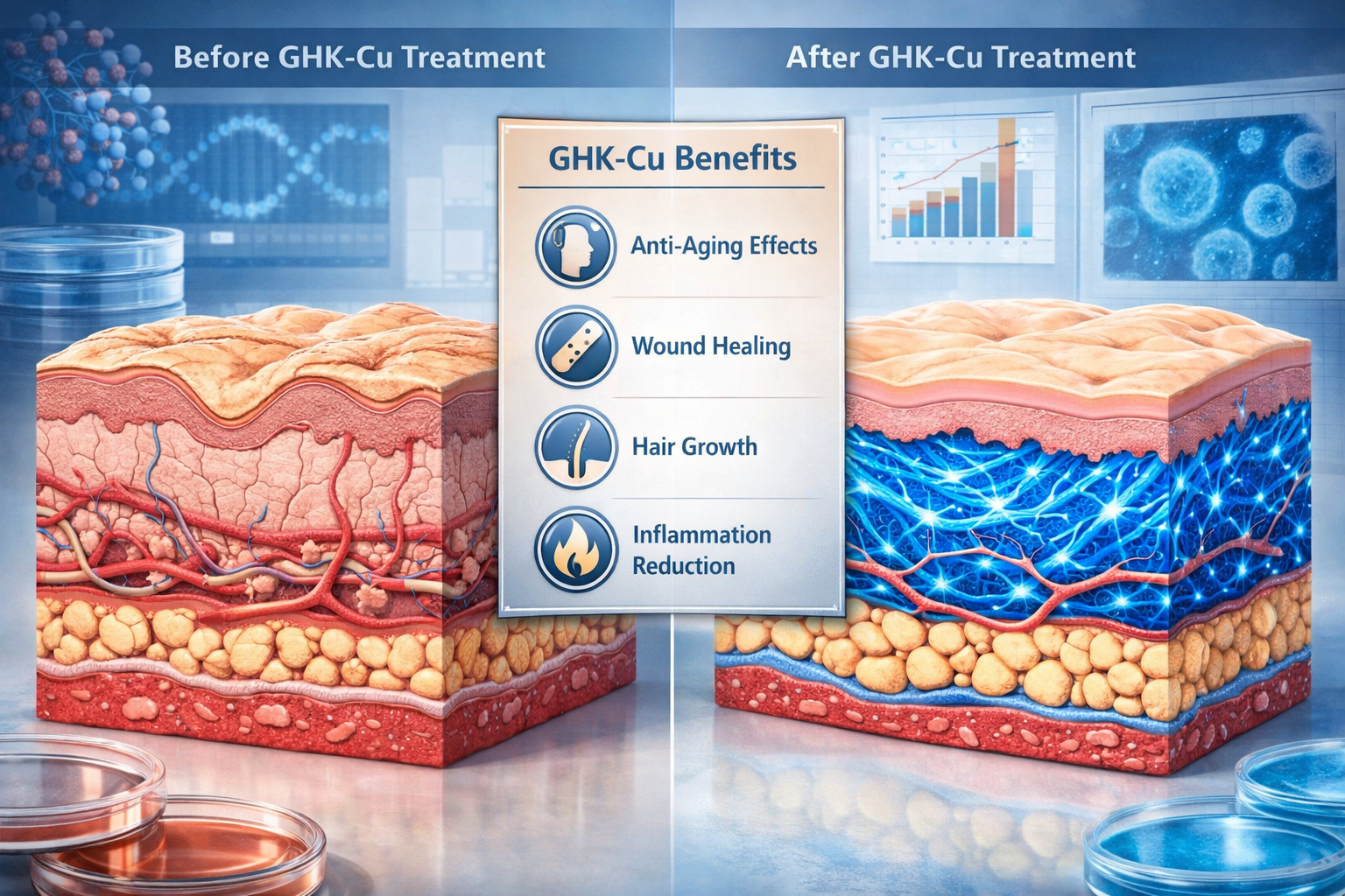 Professional landscape composition (1536x1024) depicting side-by-side comparison of skin tissue cross-sections showing before and after GHK-