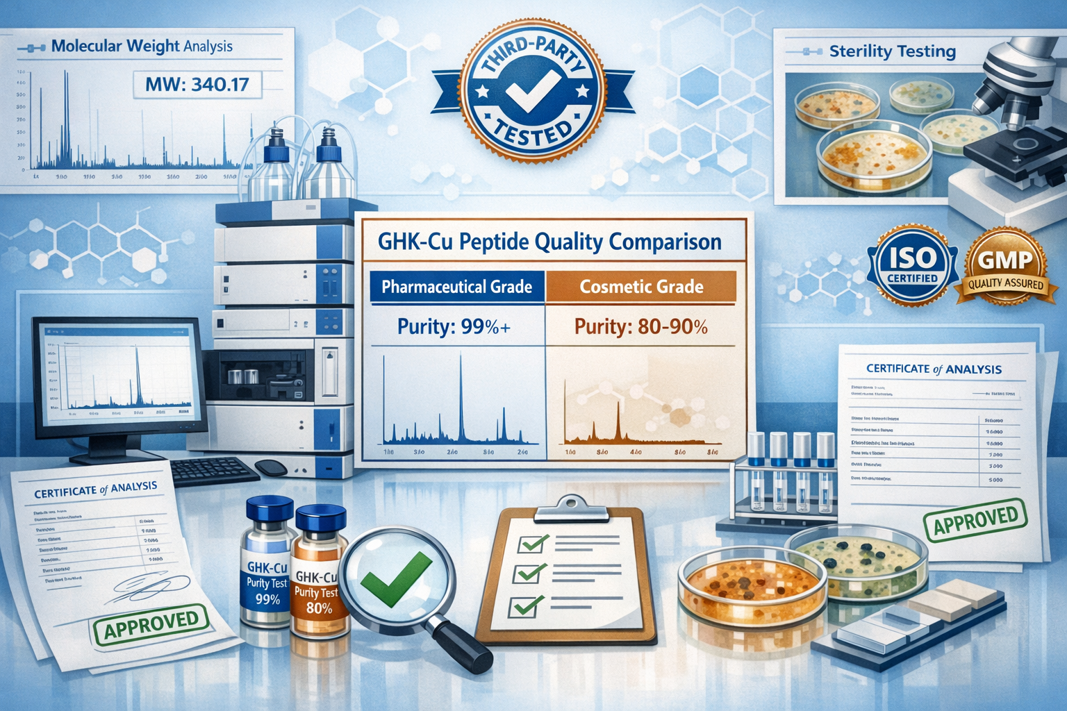 Detailed landscape illustration (1536x1024) showing quality assurance process for GHK-Cu copper peptide products. Features laboratory testin