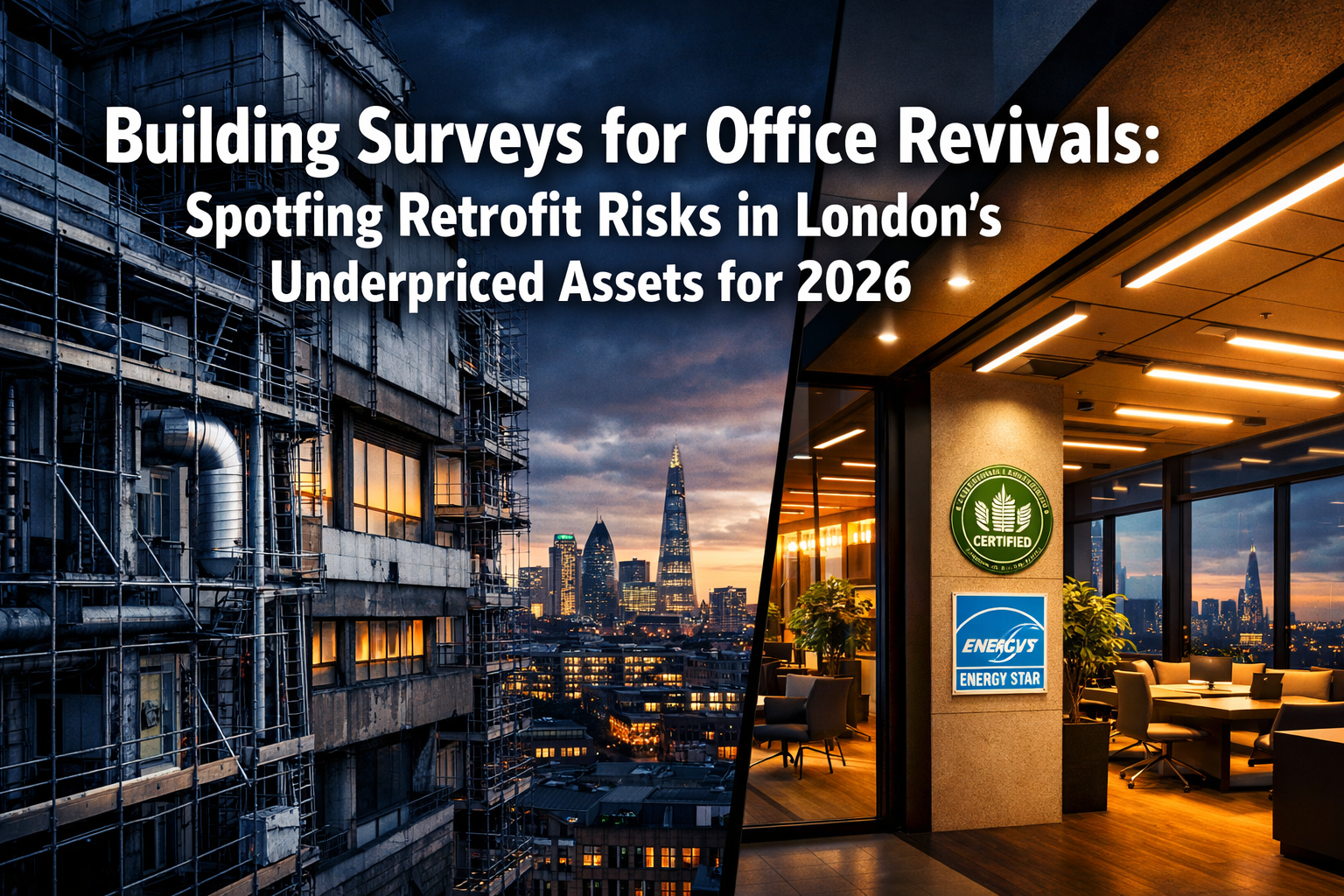 Professional () hero image featuring 'Building Surveys for Office Revivals: Spotting Retrofit Risks in London's Underpriced