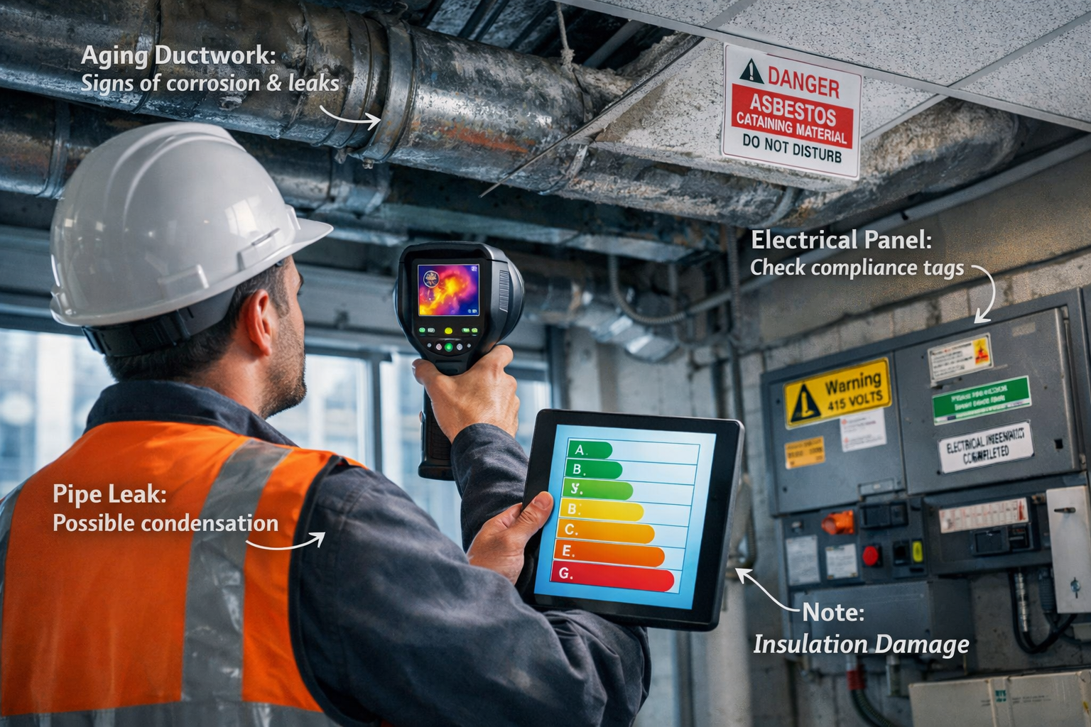 Detailed () image showing chartered surveyor in high-visibility vest conducting detailed building inspection inside London