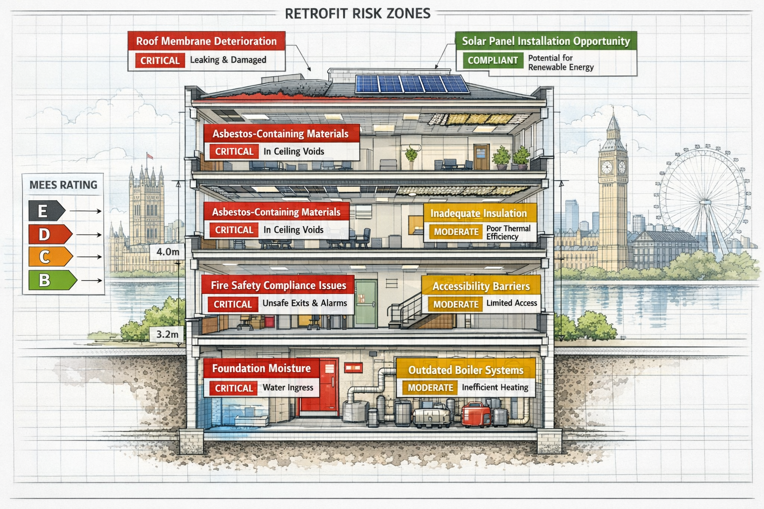 Detailed () architectural cutaway illustration showing cross-section of multi-story London office building with labeled