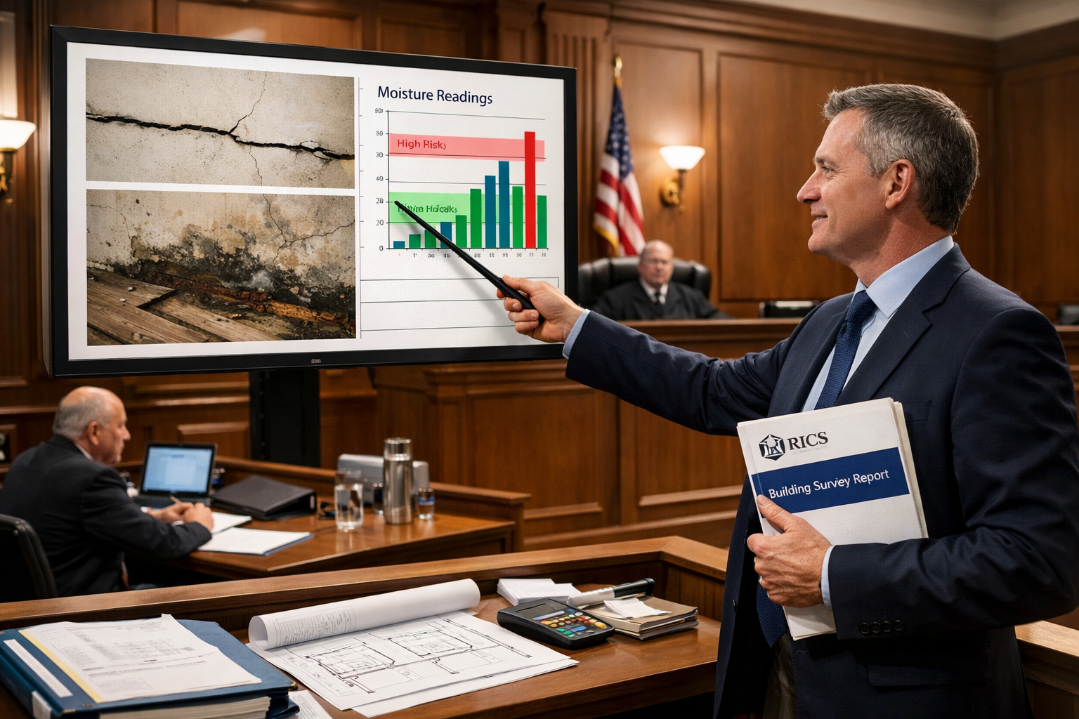 () detailed courtroom scene from witness box perspective showing expert witness surveyor presenting testimony, large display