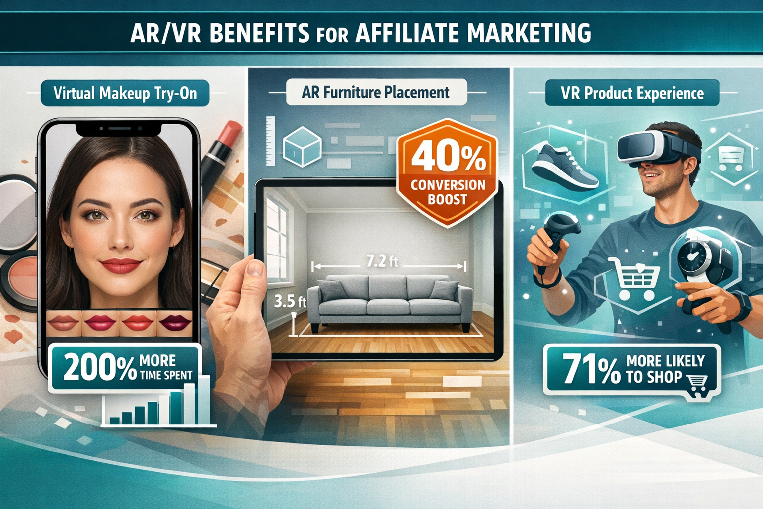 Detailed landscape format (1536x1024) infographic showing AR/VR technology benefits for affiliate marketing with three distinct sections: le