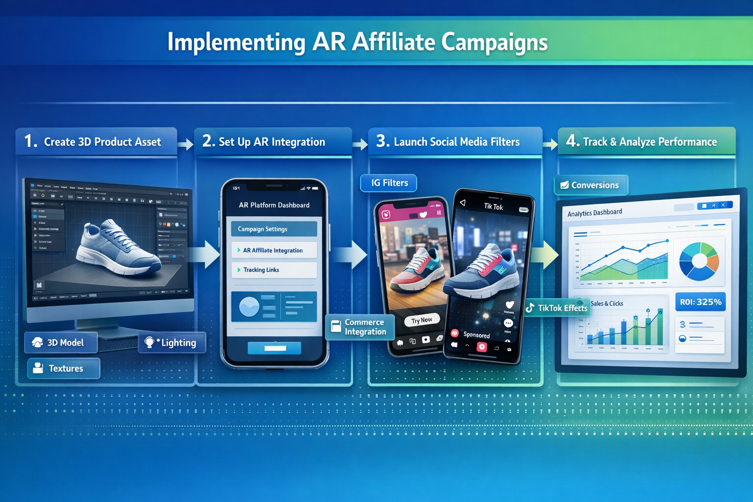 Detailed landscape format (1536x1024) step-by-step setup guide visualization showing four sequential panels for implementing AR affiliate ca