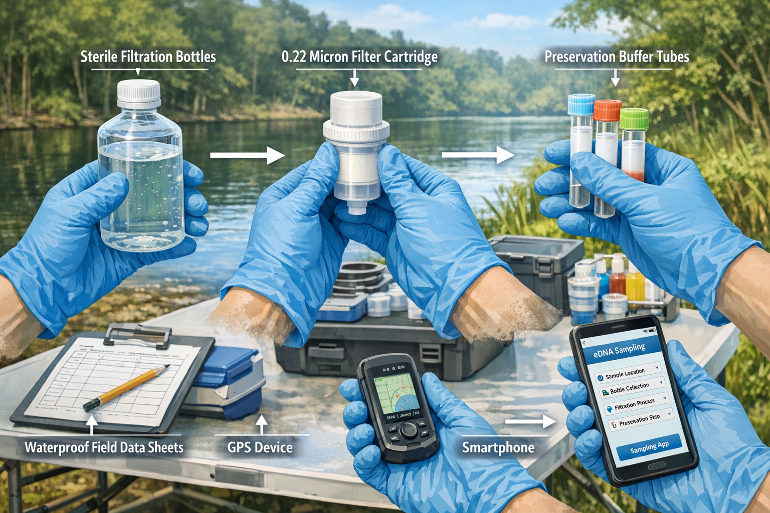 () detailed illustration showing hands in nitrile gloves holding modern eDNA sampling kit with labeled components: sterile