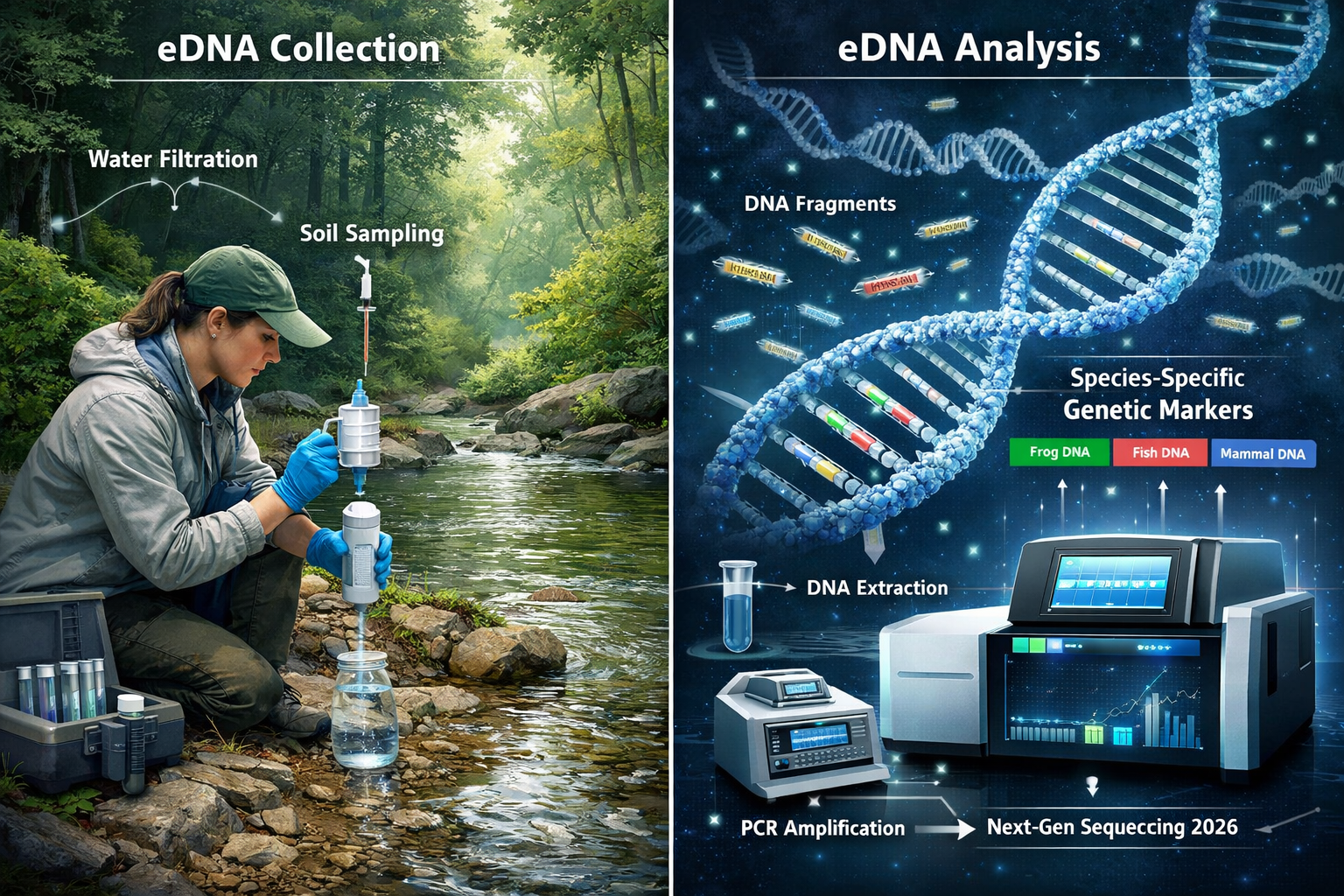 Detailed scientific illustration depicting environmental DNA (eDNA) molecular sampling workflow in a lush biodiversity