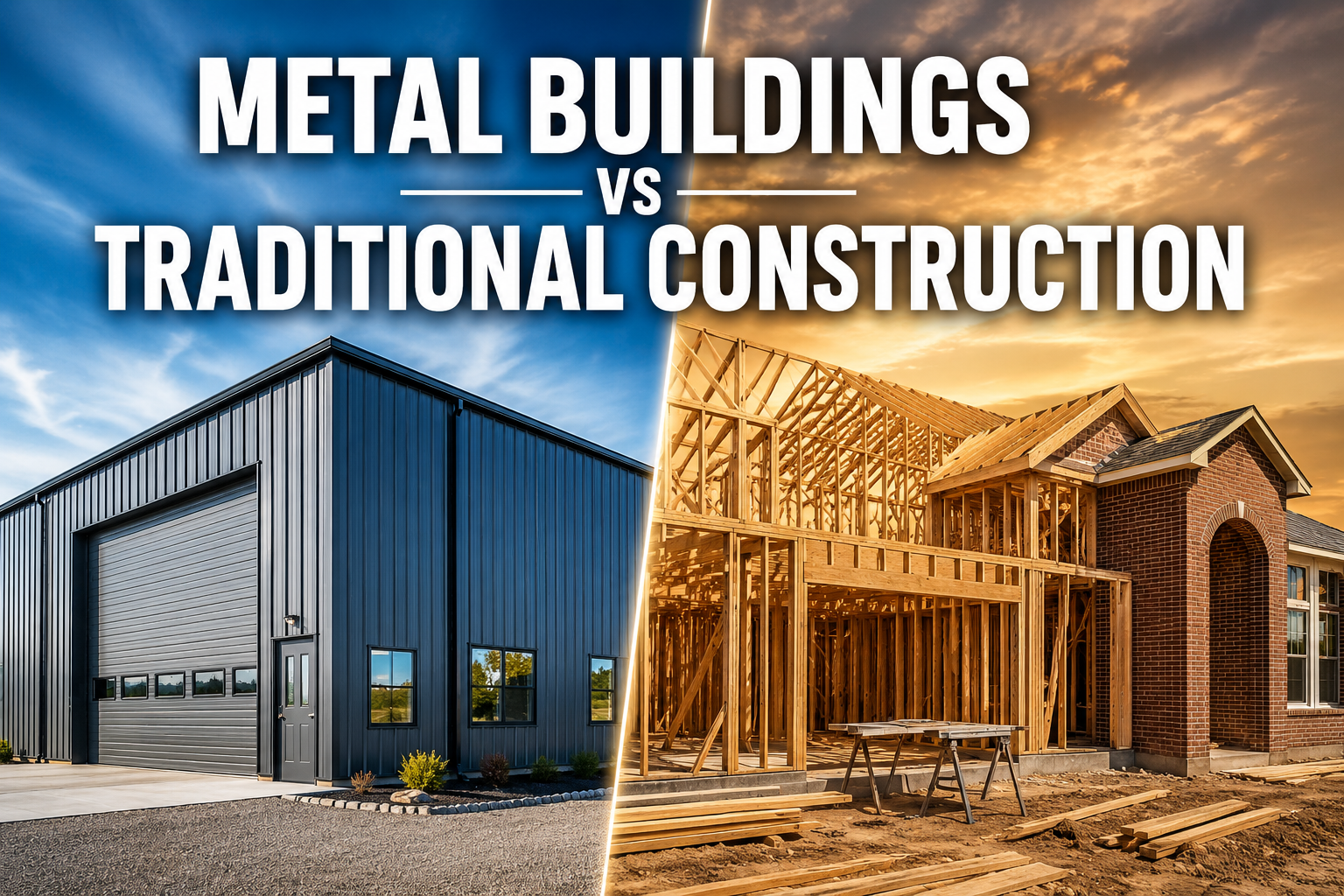 Professional () hero image with : 'Metal Buildings vs Traditional Construction' in extra large white with dark drop ,