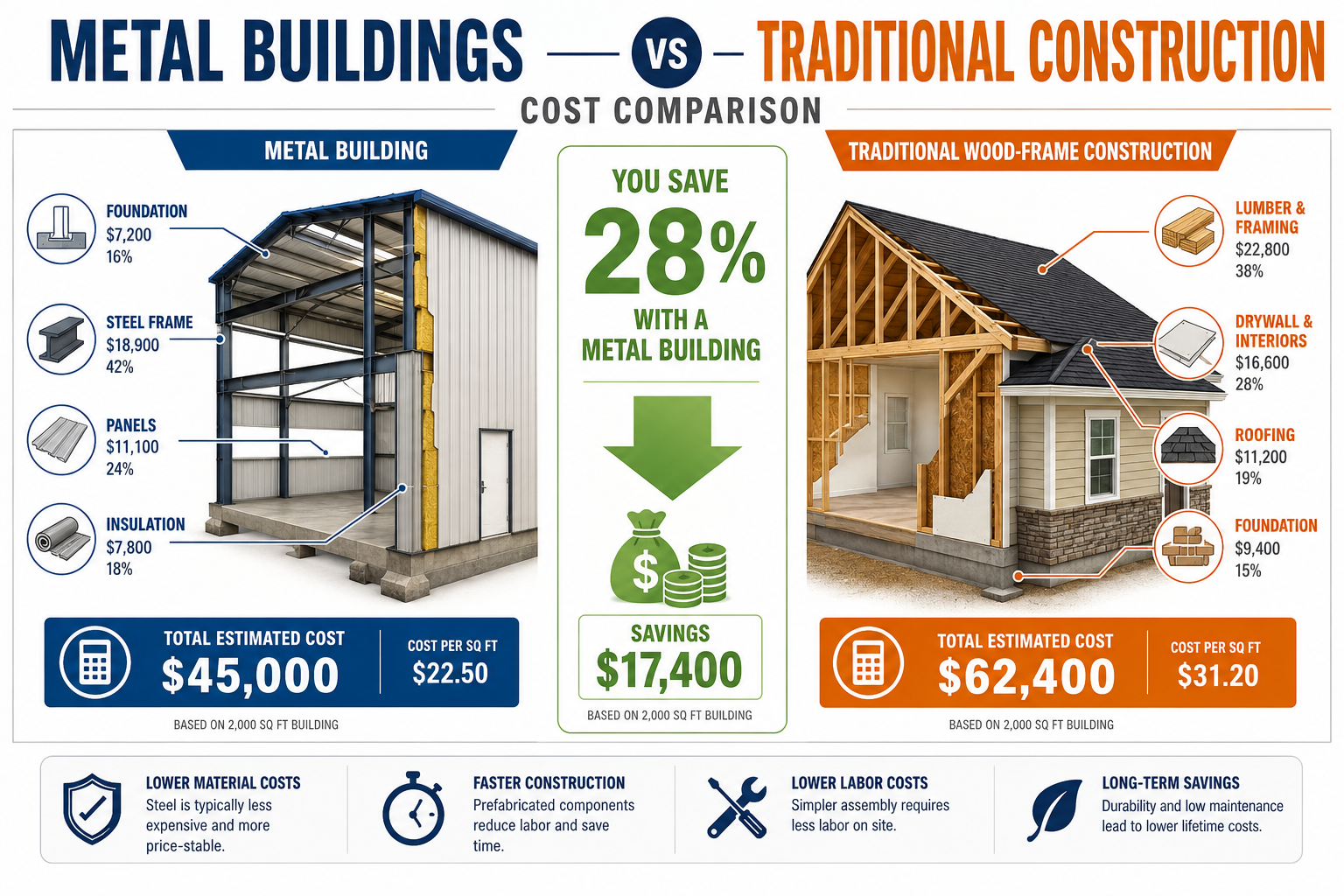 Detailed () infographic-style illustration showing a side-by-side cost comparison between metal building construction and
