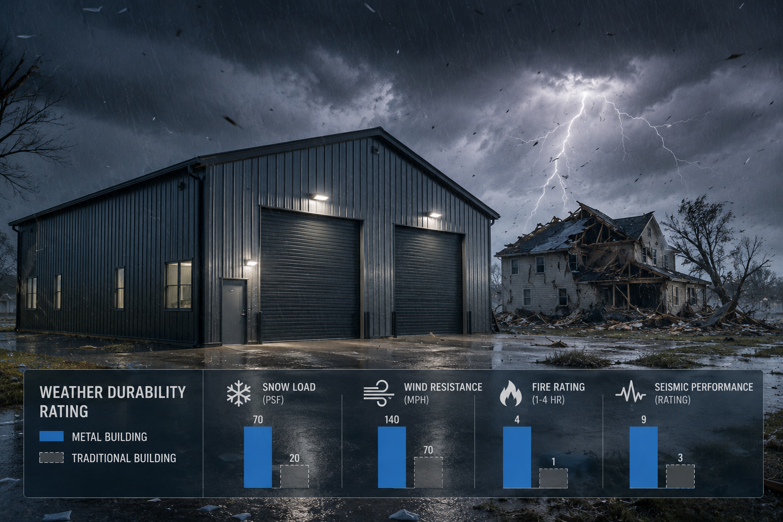 Detailed () photorealistic scene showing a large metal agricultural or commercial building standing intact during a severe