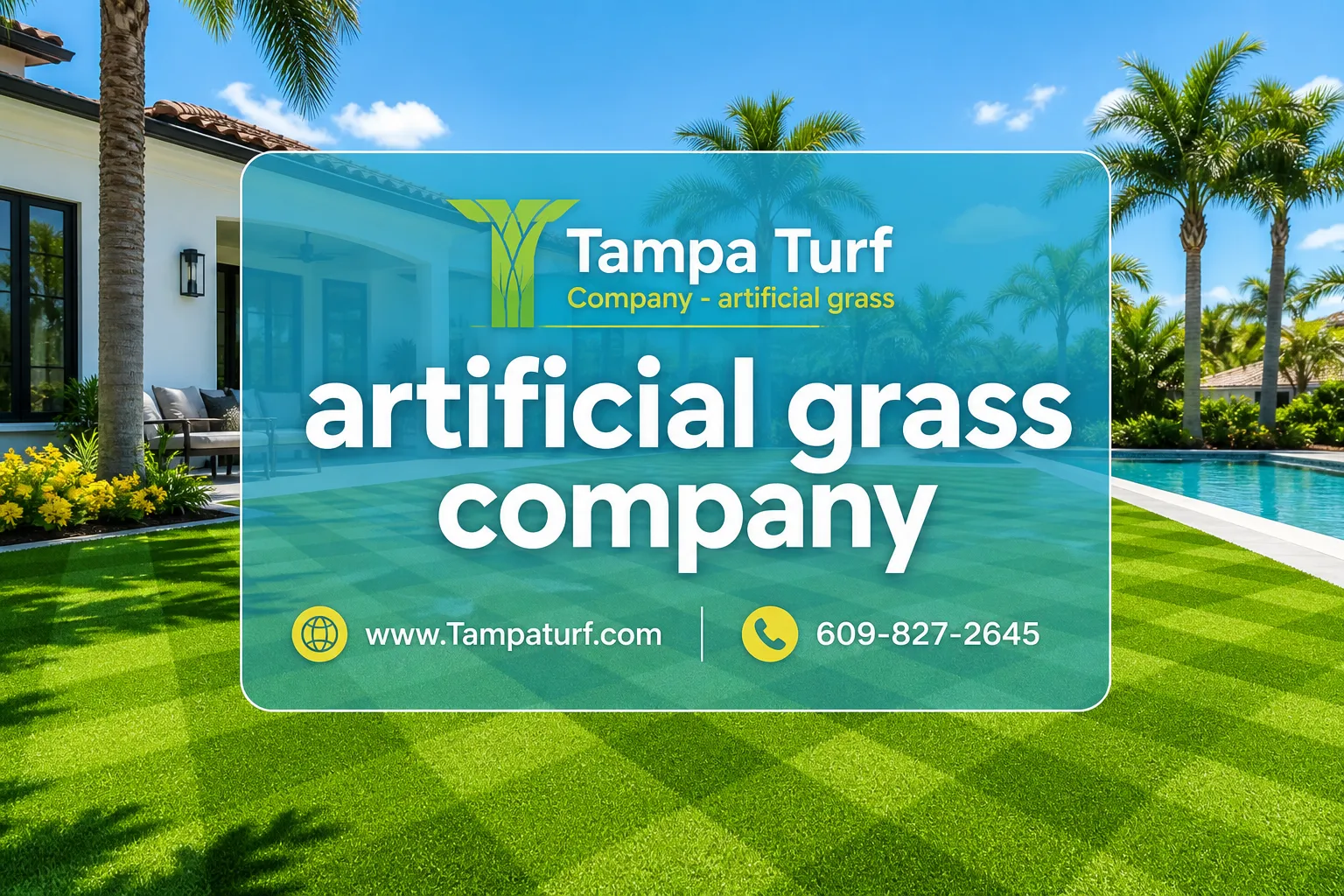 Professional () editorial hero image with SHORT reading 'artificial grass company' in crisp white modern on a