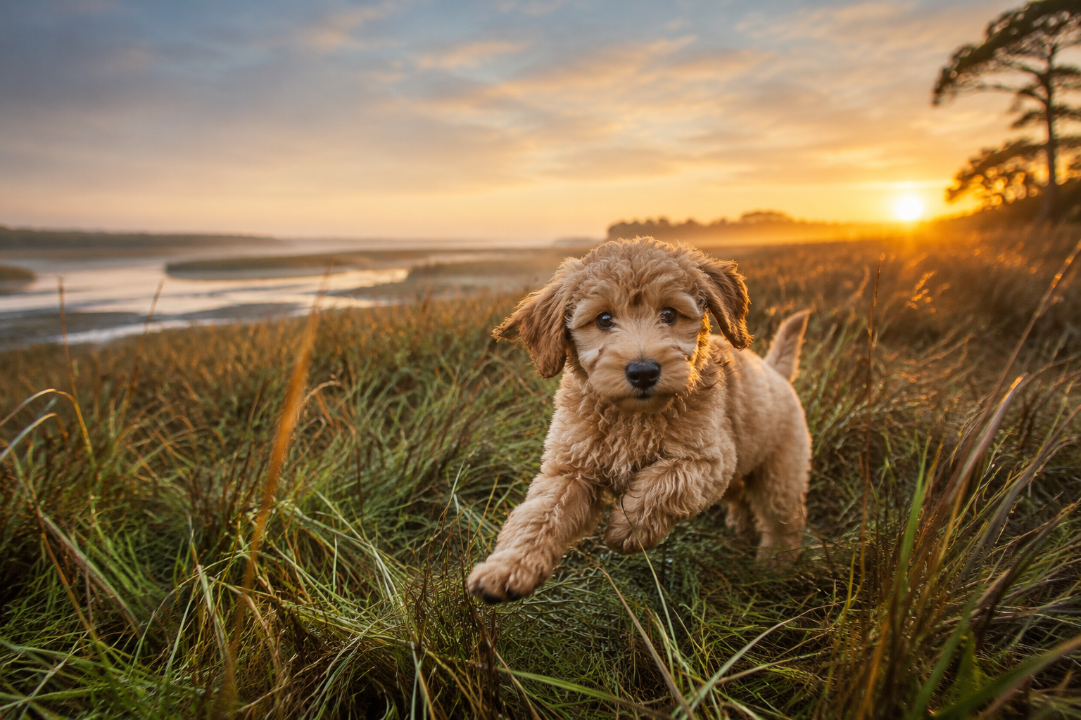 Editorial landscape () photograph of an apricot mini goldendoodle puppy playing in tall coastal grass near a South Carolina
