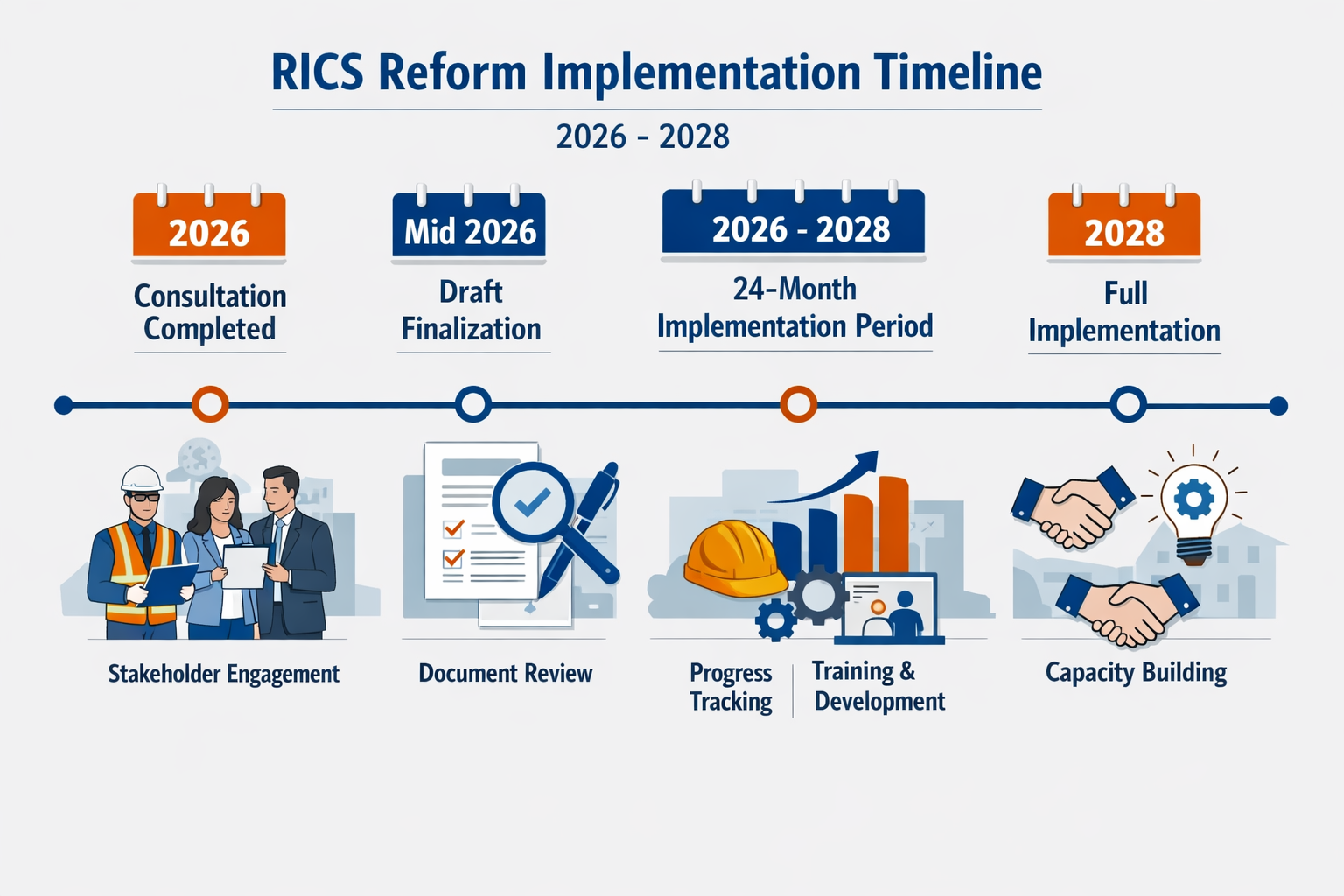 Landscape format (1536x1024) professional composition showing timeline roadmap for RICS reform implementation from 2026-2028. Visual element