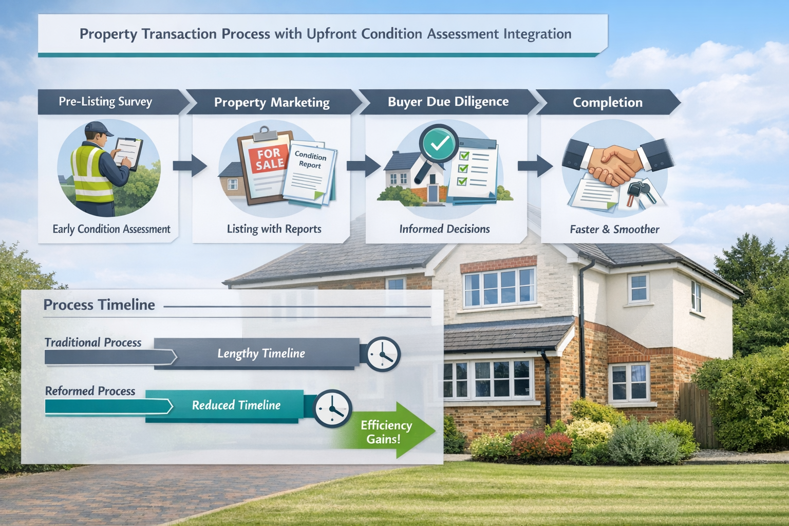 Landscape format (1536x1024) practical workflow diagram showing property transaction stages with upfront condition assessment integration. V