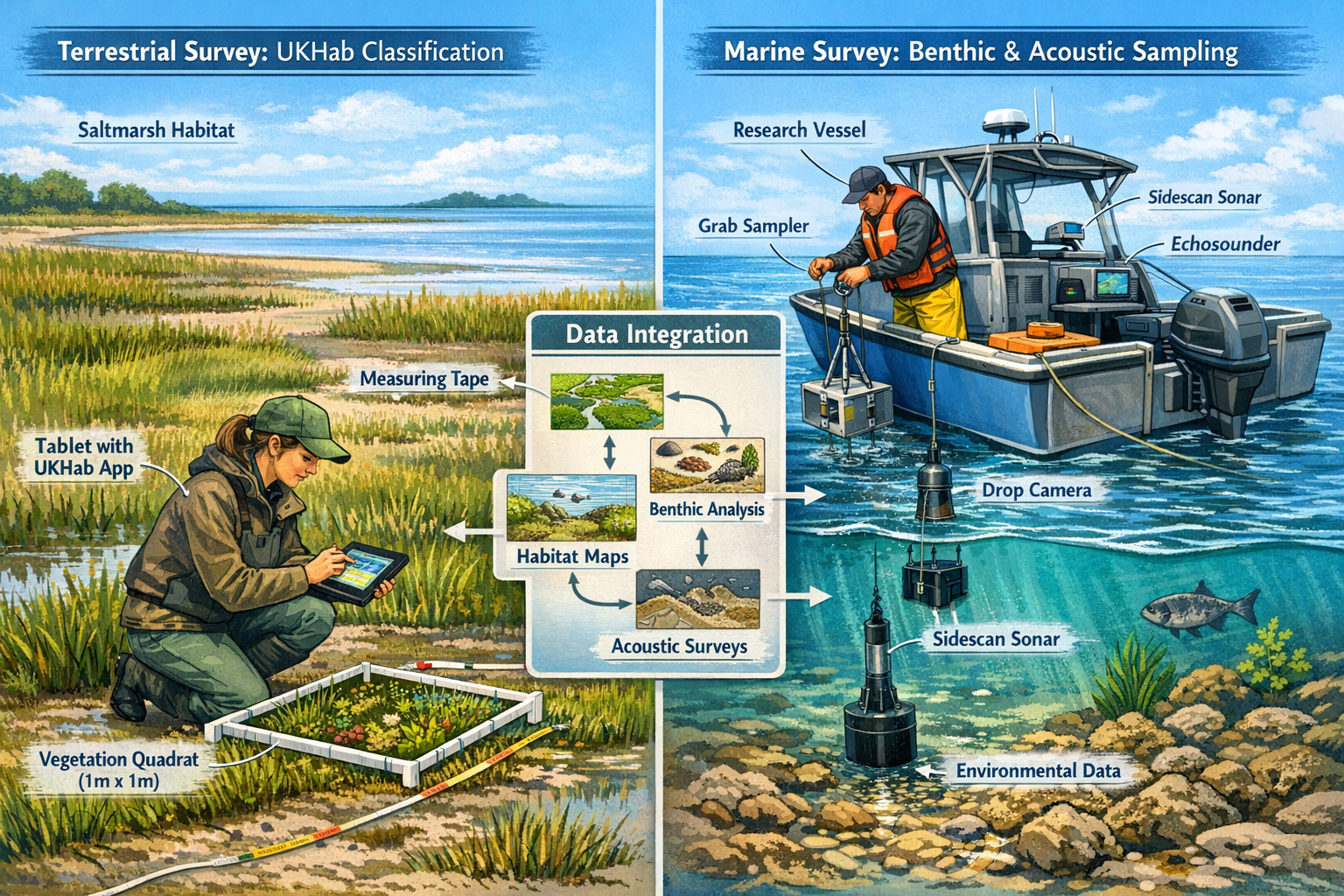 () detailed illustration showing split-screen comparison of terrestrial and marine baseline survey methodologies for coastal