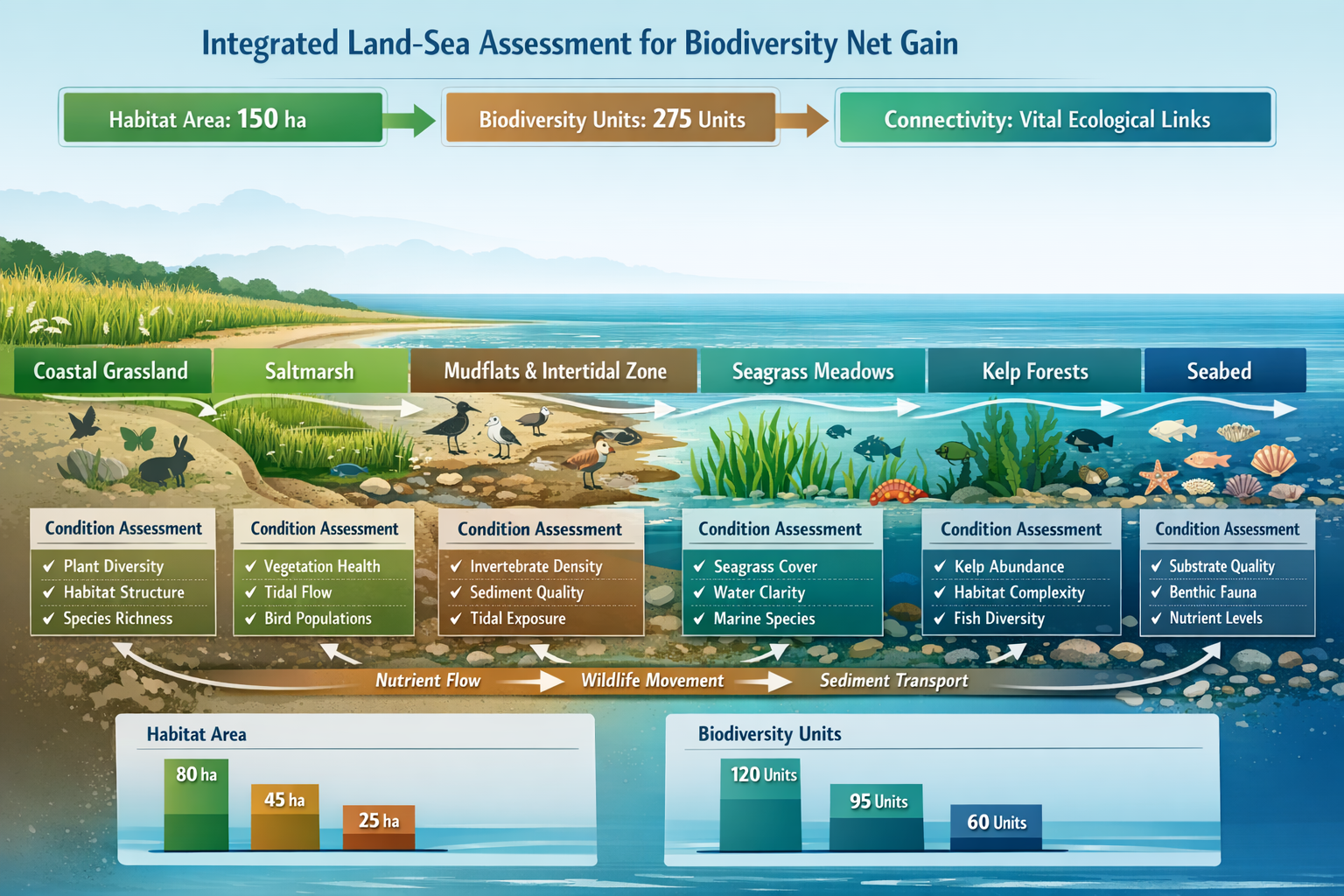 () comprehensive infographic displaying coastal habitat types requiring integrated land-sea assessment for biodiversity net