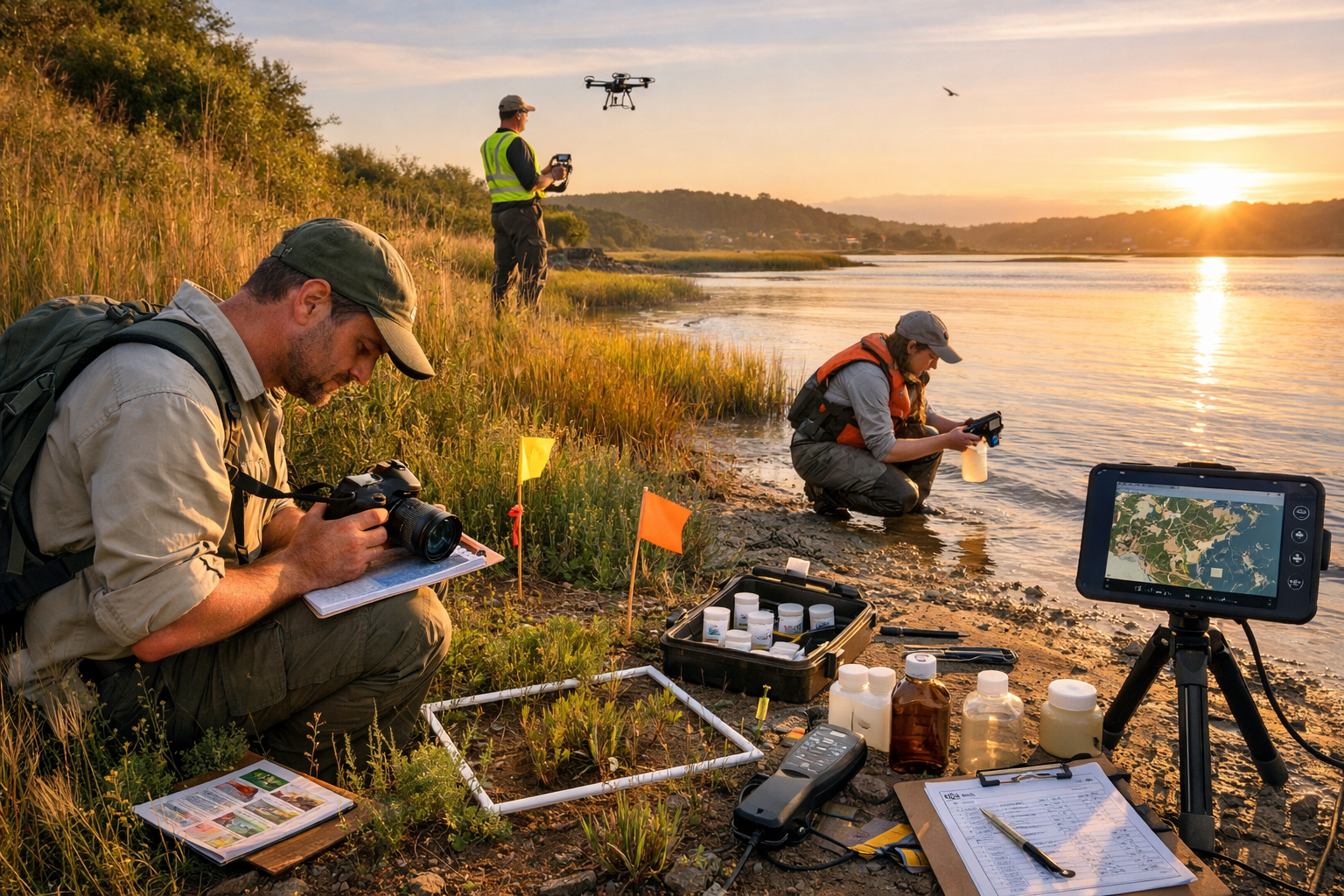 () detailed field scene showing multi-disciplinary survey team conducting integrated coastal baseline assessment at estuary