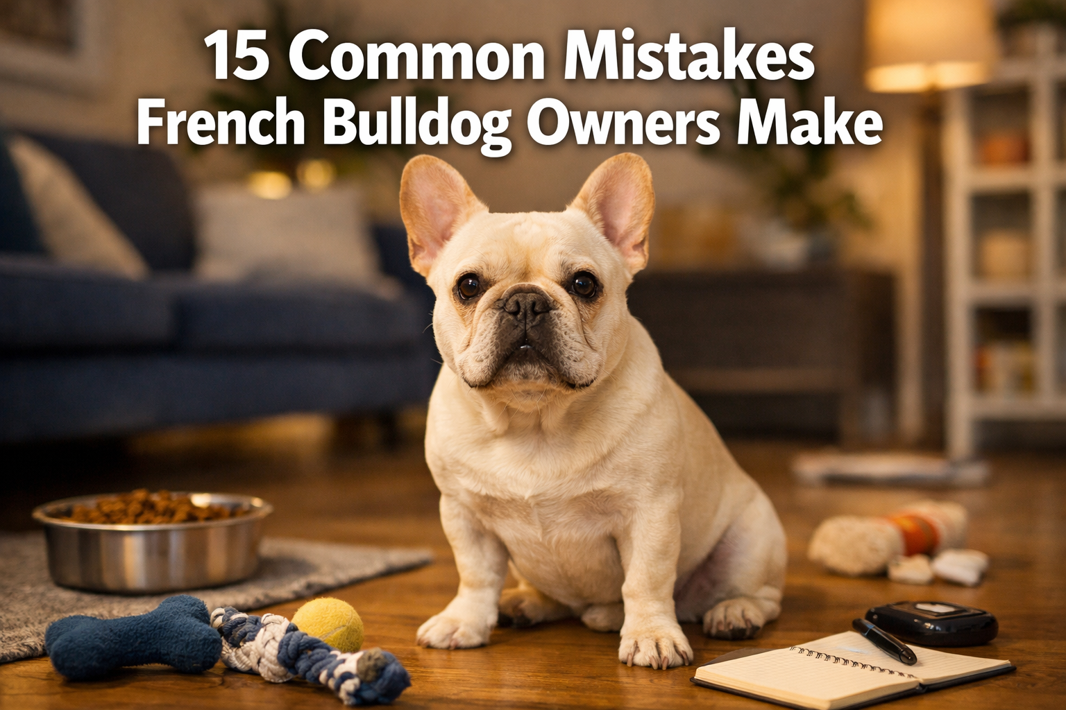 Professional landscape format (1536x1024) hero image featuring bold text overlay '15 Common Mistakes French Bulldog Owners Make' in extra la