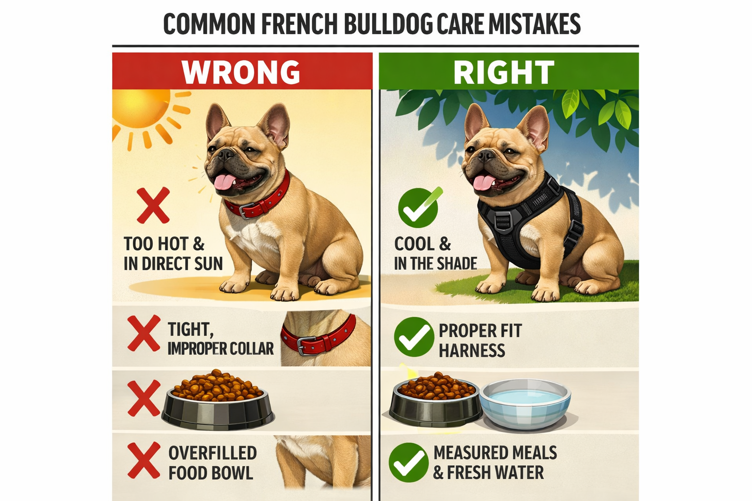 Portrait format (1024x1536) infographic-style image showing common French Bulldog care mistakes with split-screen comparison. Left side labe