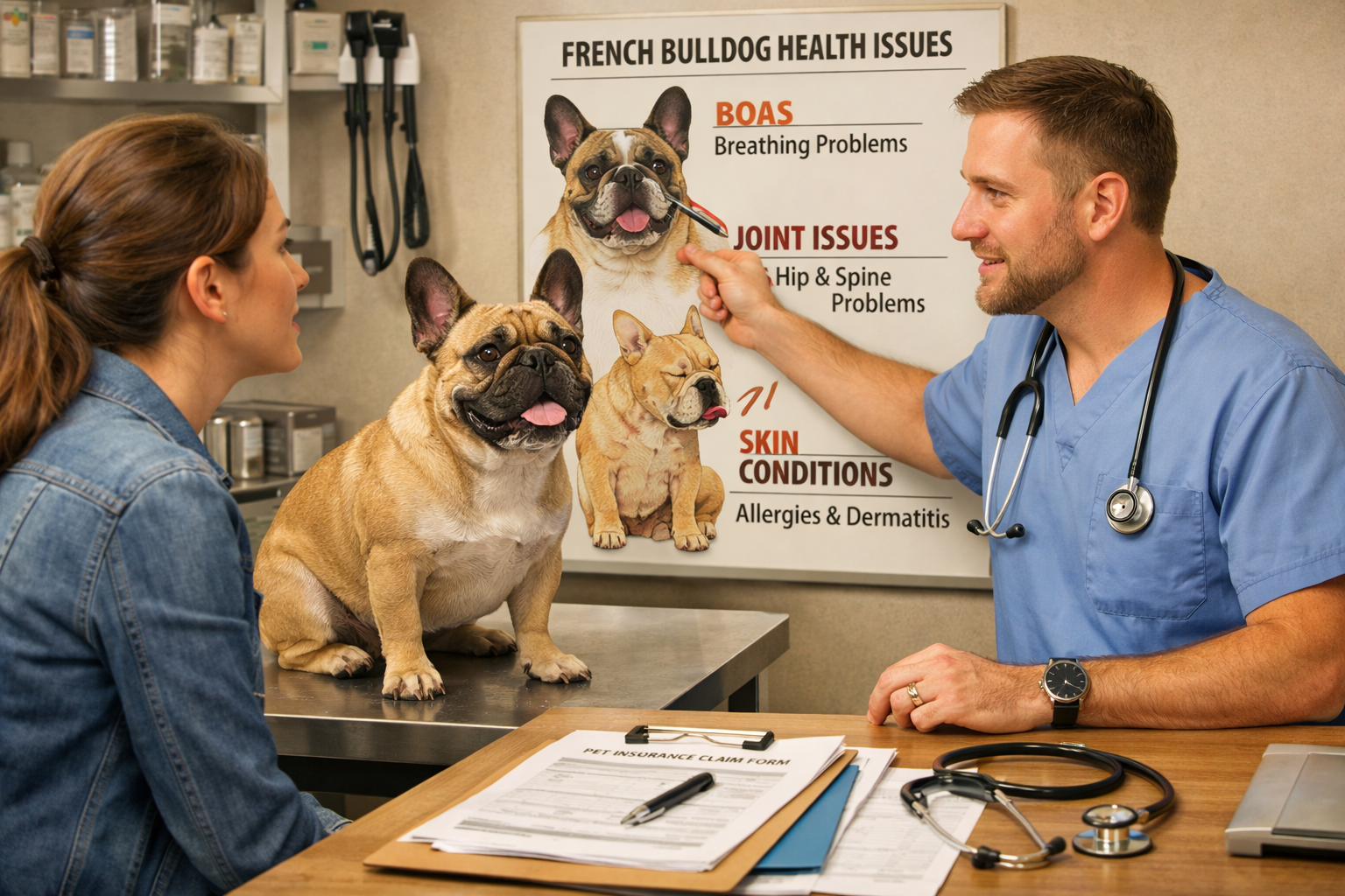 Portrait format (1024x1536) veterinary consultation scene showing French Bulldog owner discussing with veterinarian in modern clinic. French