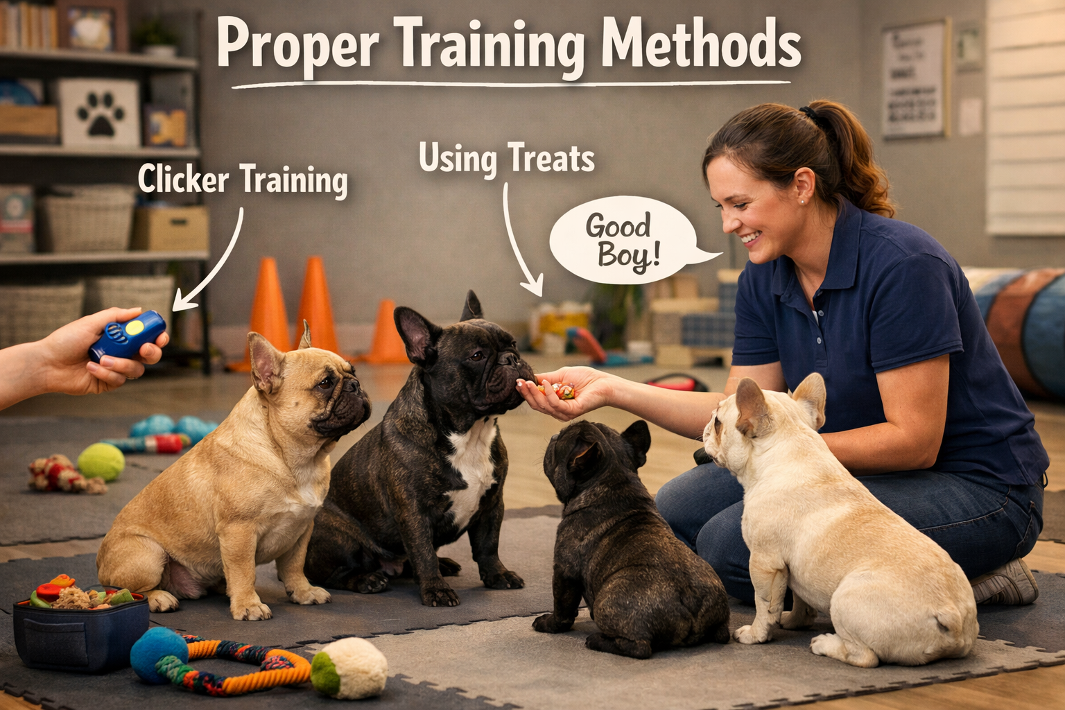 Portrait format (1024x1536) training scene showing proper French Bulldog socialization and exercise. Multiple Frenchies of different colors 
