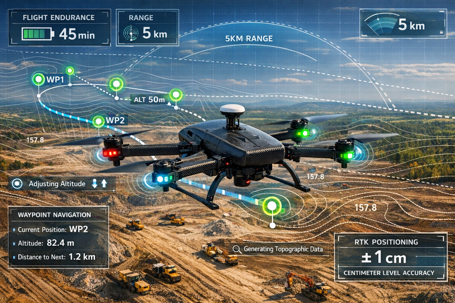 Detailed landscape format (1536x1024) image showing autonomous VTOL drone with carbon fiber airframe and folding arms in flight over large c