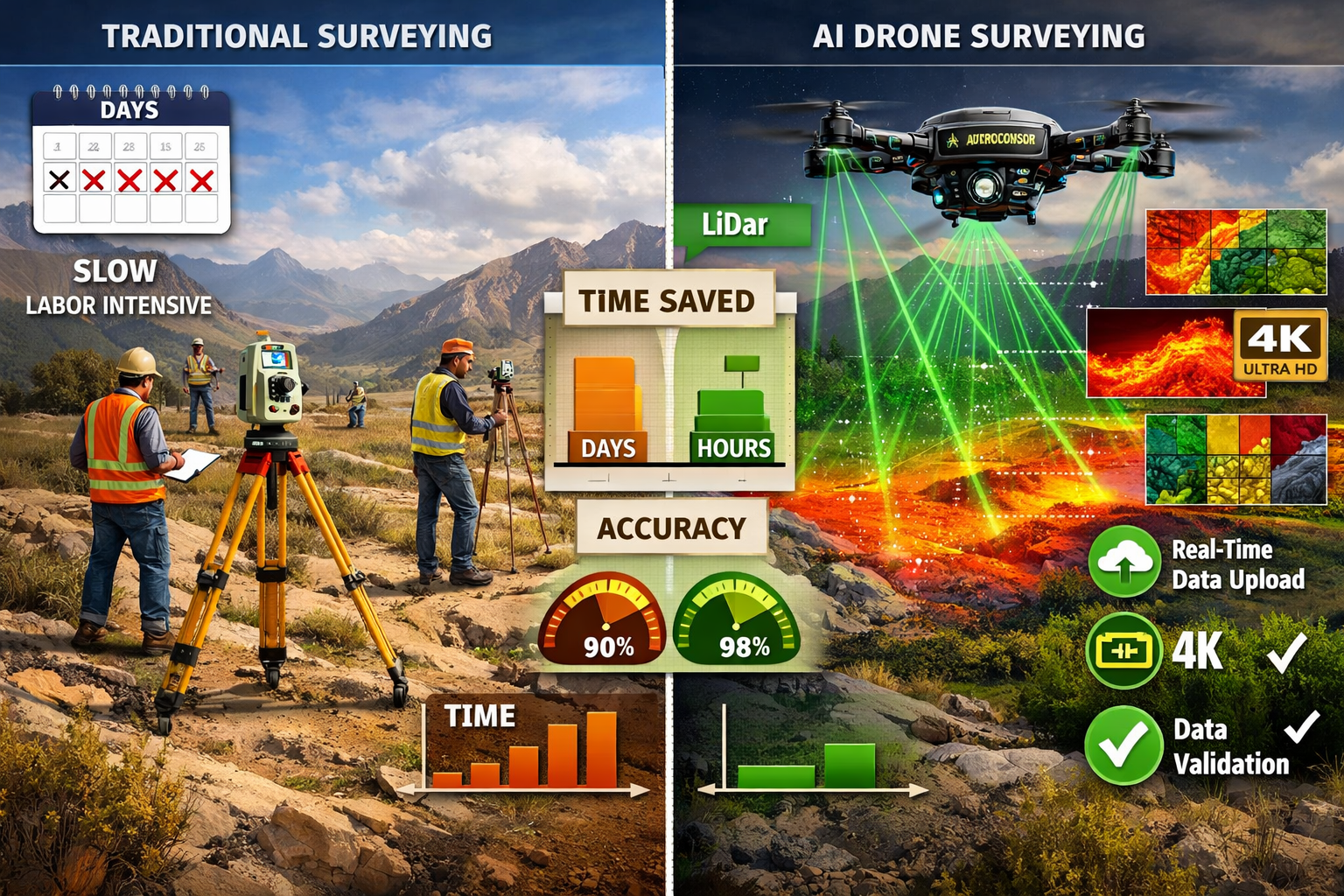 Detailed landscape format (1536x1024) split-screen comparison image showing traditional land surveying versus AI-driven autonomous drone sur